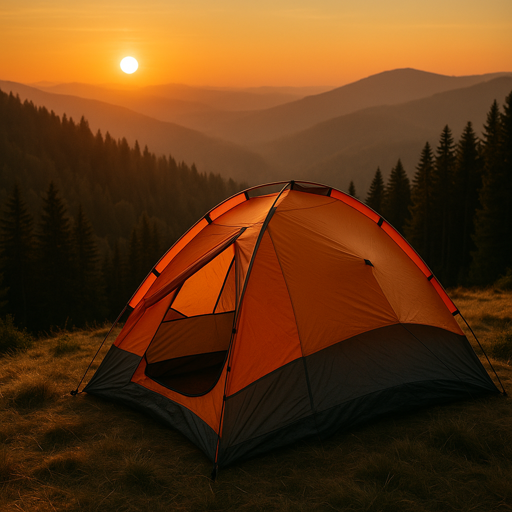Barraca de camping laranja em montanha ao pôr do sol