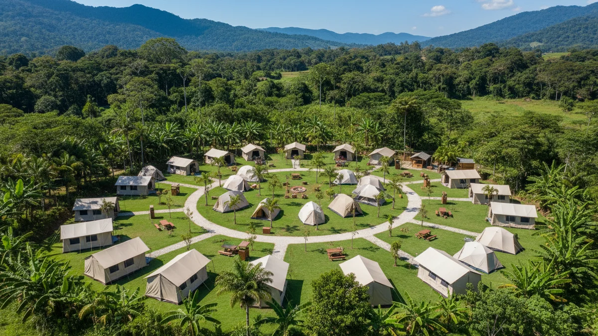 Vista aérea de camping estruturado no Brasil com barracas organizadas e área verde
