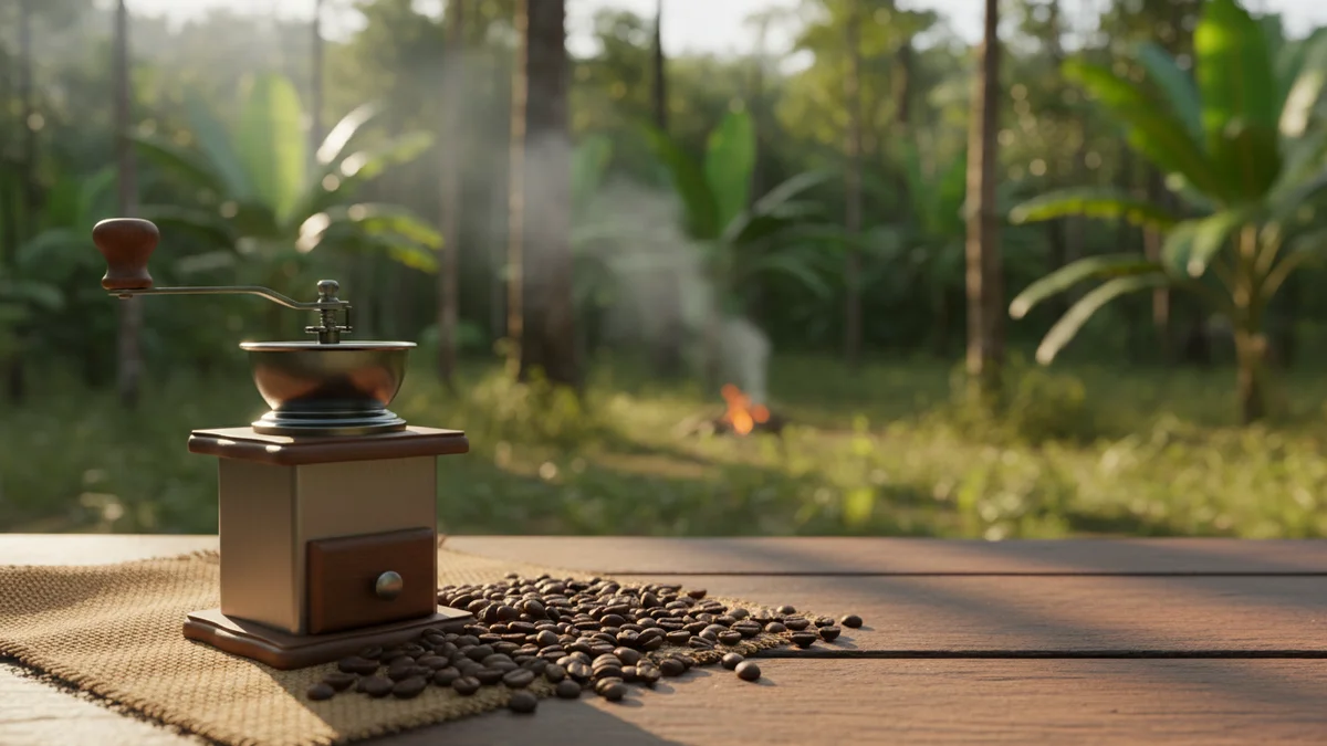 Moedor de café manual portátil ao lado de grãos de café em acampamento