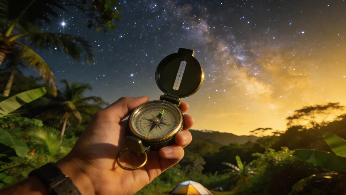 Navegação noturna usando bússola e estrelas para orientação