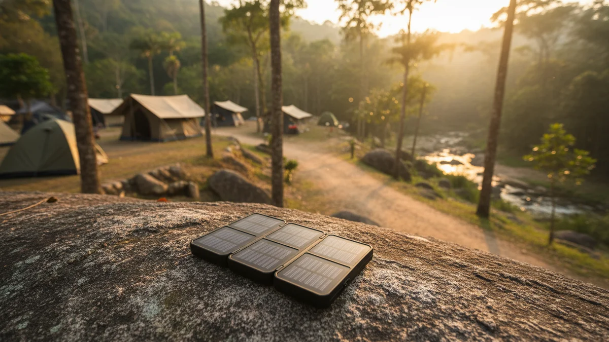 Powerbank solar dobrável sobre pedra em área de camping com barracas ao fundo