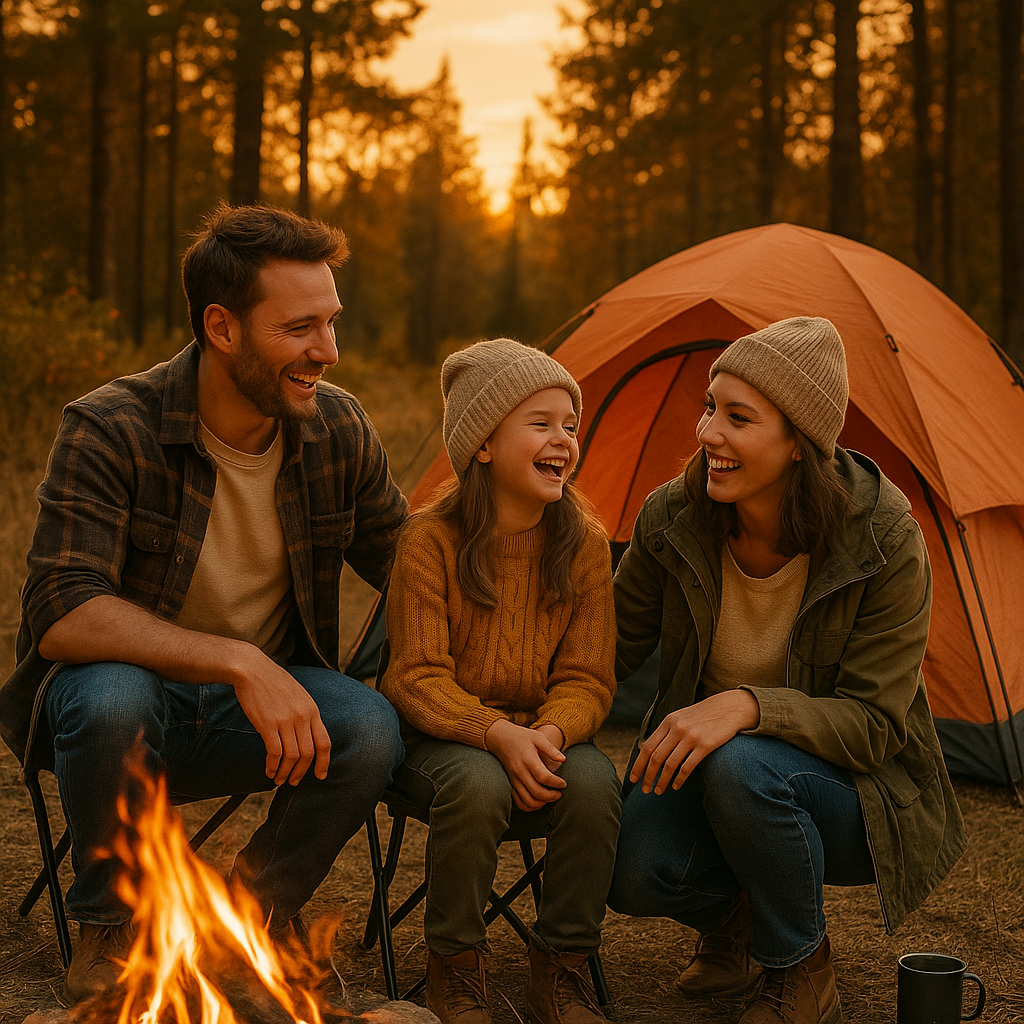 Familia feliz em primeiro acampamento com barraca e fogueira ao entardecer