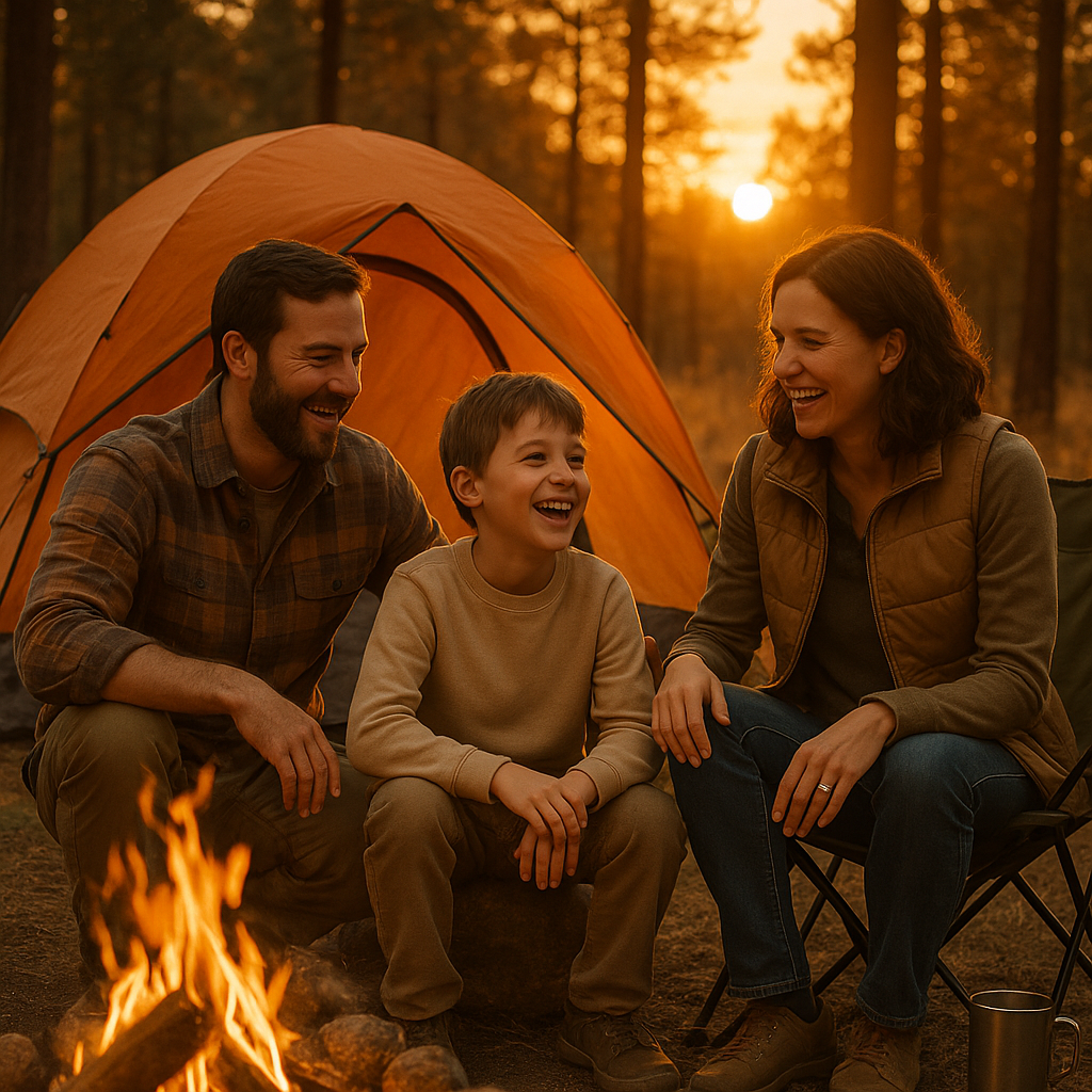Familia feliz em primeiro acampamento com barraca e natureza ao fundo