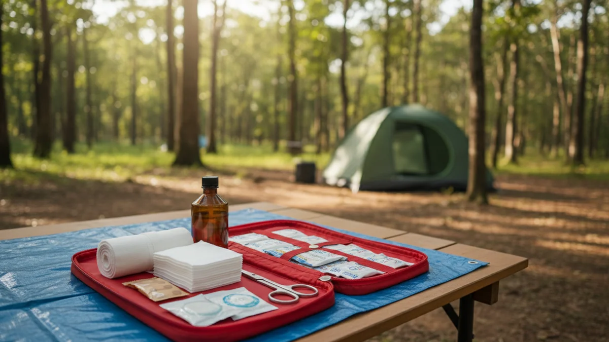 Kit de primeiros socorros aberto em acampamento com bandagem elástica e materiais de curativo