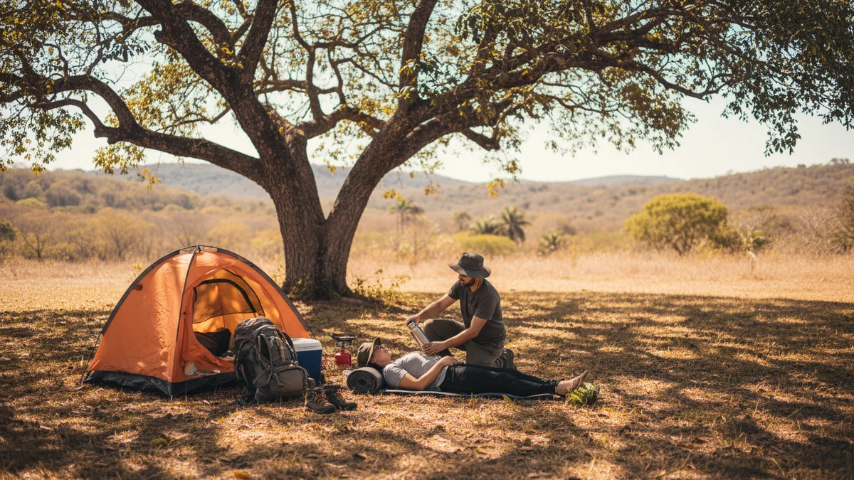 Pessoa sendo socorrida com água em camping durante dia de calor extremo