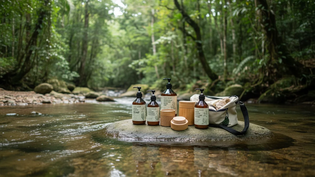 Produtos biodegradáveis para camping dispostos sobre pedra ao lado de rio em área preservada