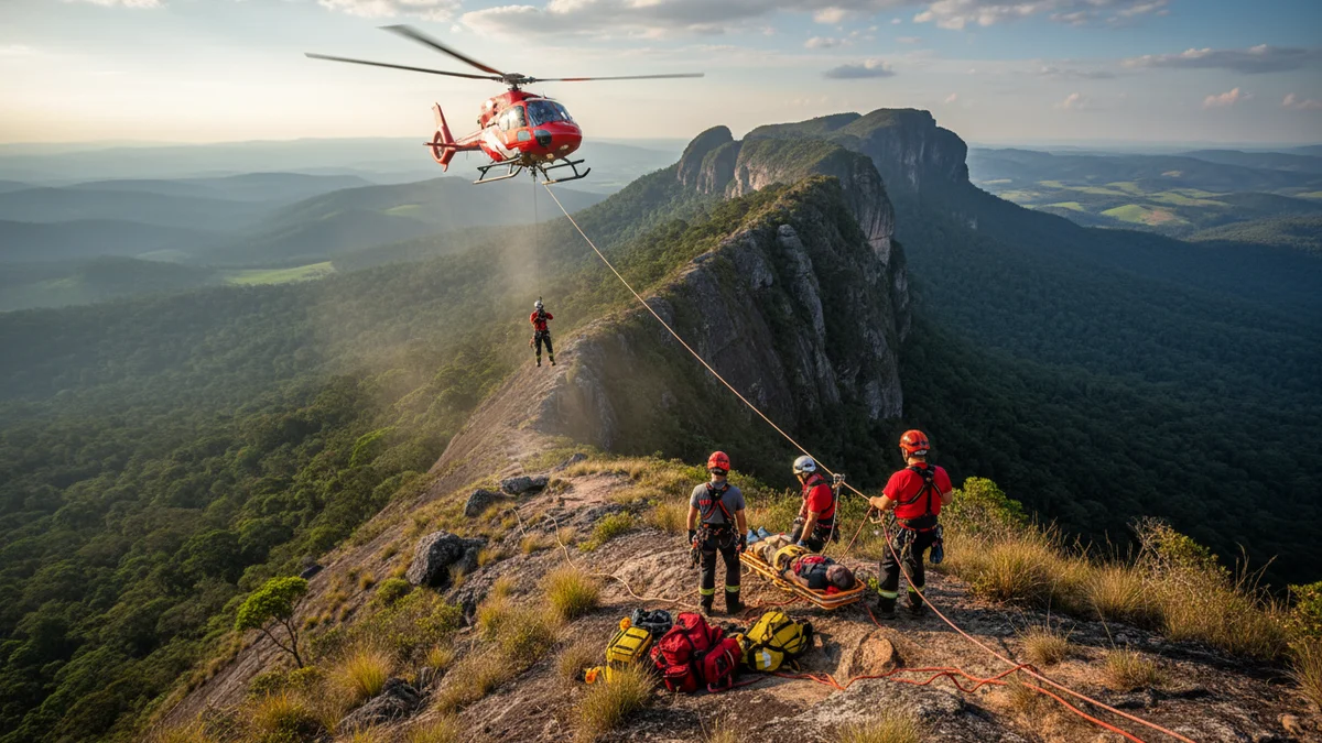 Equipe do Corpo de Bombeiros realizando resgaté de helicóptero em trilha na Serra Gaúcha