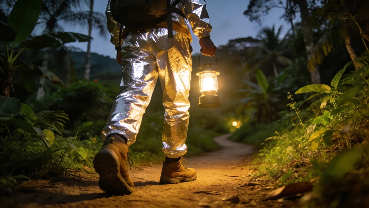 Trilha noturna com pessoa usando roupas refletivas e calçados adequados com lanterna