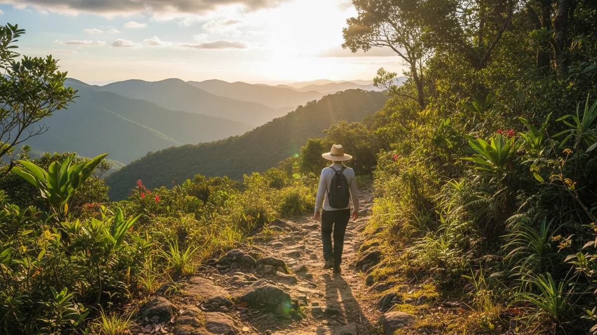 Campista usando camisa manga longa UPF e chapéu em trilha sob sol intenso na Serra da Mantiqueira