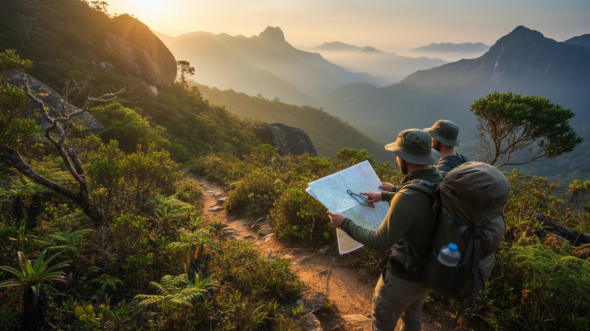 Trilheiros verificando mapa e bussola em trilha na serra brasileira