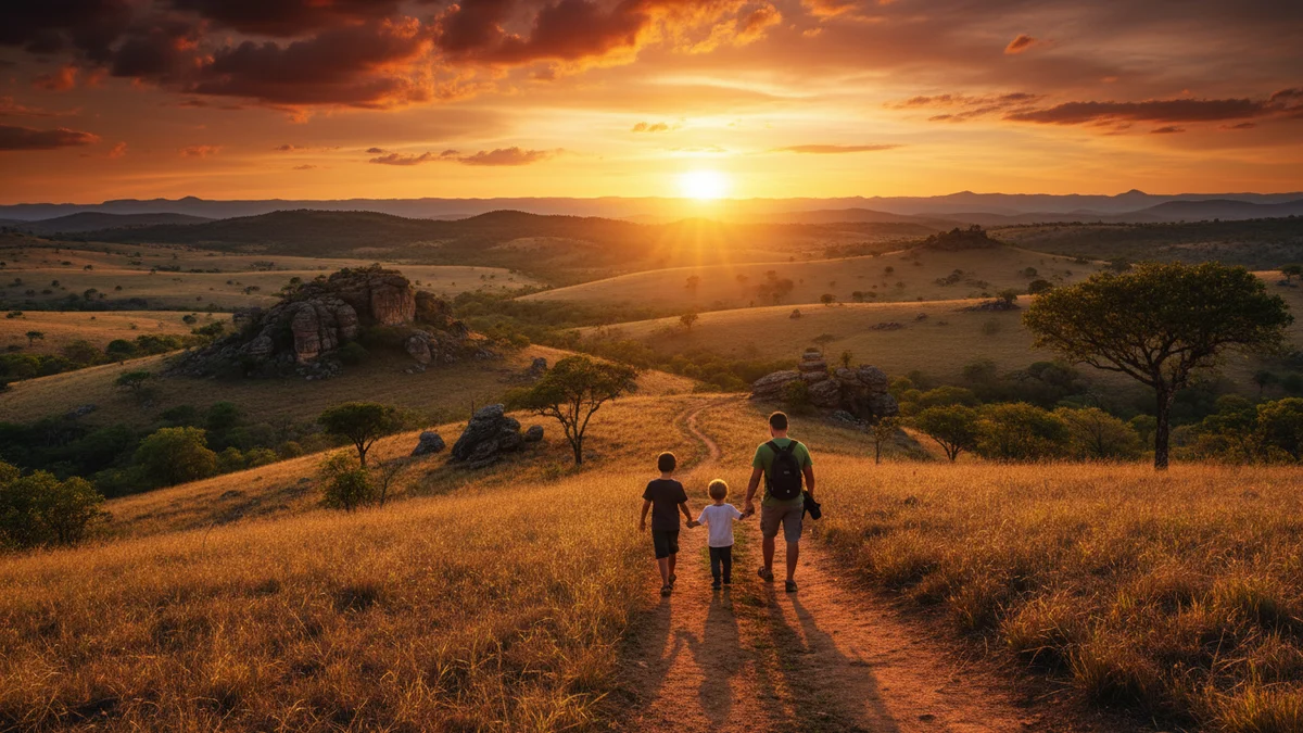 Família com crianças em trilha na Serra da Canastra com vista para o cerrado
