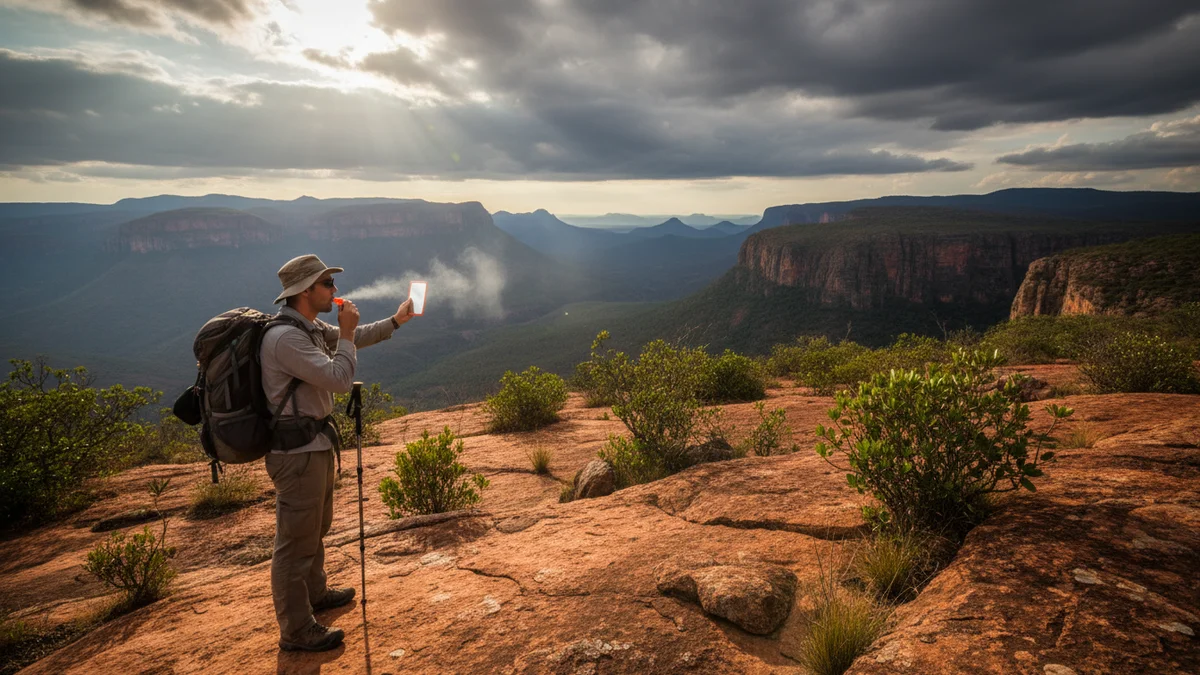 Trilheiro utilizando apito de emergência e espelho sinalizador em área aberta na Chapada Diamantina