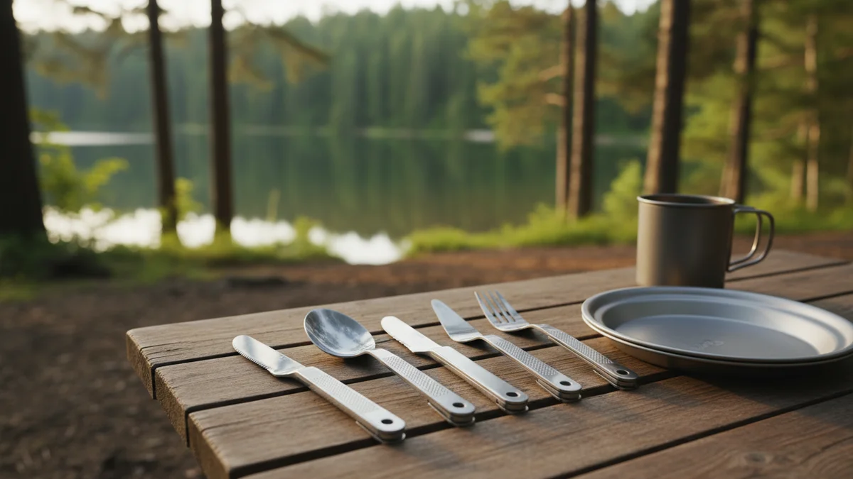 Talheres dobráveis de camping organizados sobre mesa de acampamento