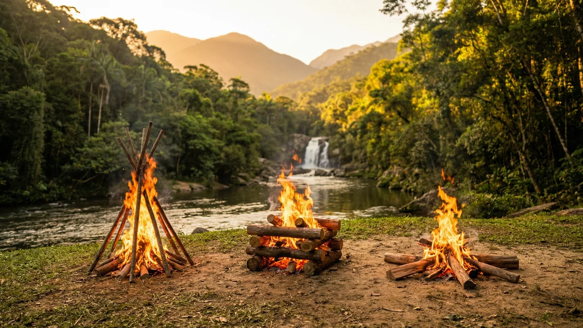 Diferentes tipos de fogueira ilustrados: teepee, log cabin e estrela