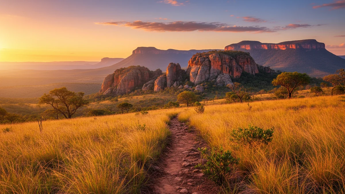 Trilha na Serra da Canastra com vista para o cerrado e formações rochosas ao fundo