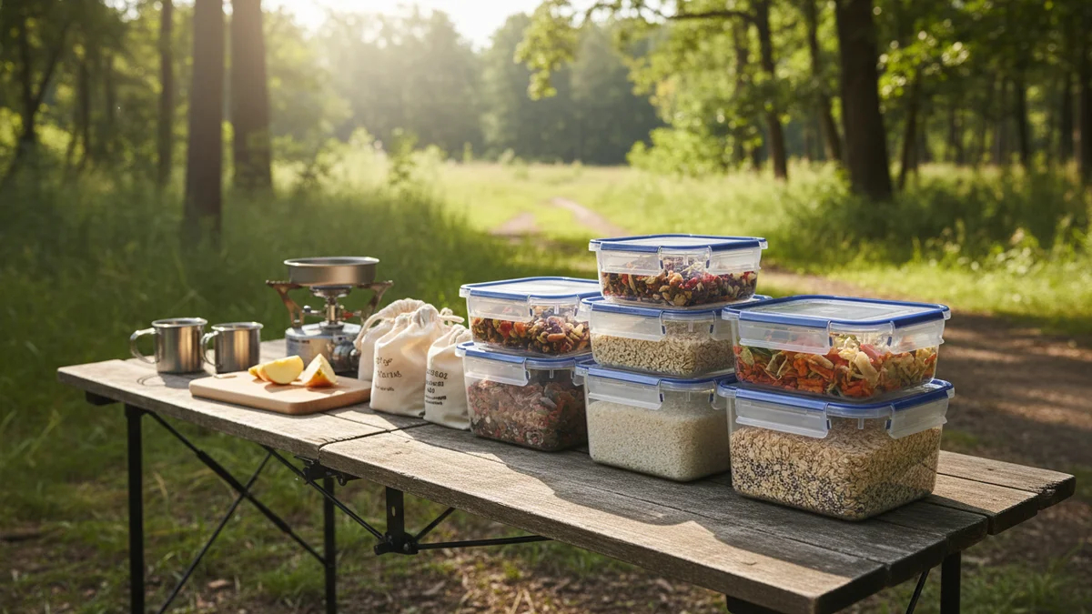 Recipientes plásticos para camping organizados com alimentos em acampamento